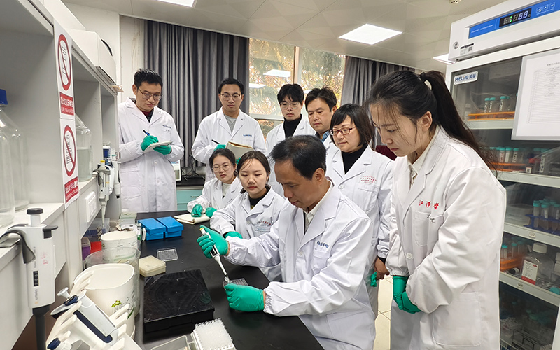 舒细记带领学生正在做实验。江汉大学供图